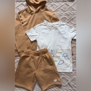 New Balance Boys Outfit - 3 Piece Tan Hoodie T-Shirt & Shorts Set, Size 10